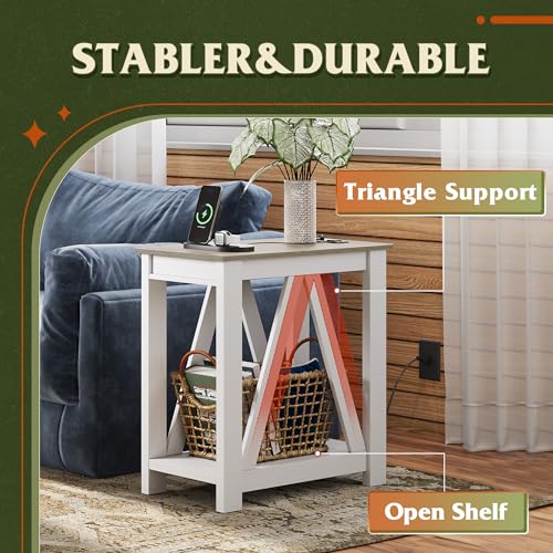 WLIVE Farmhouse End Tables Living Room, Narrow Side Table with Charging Station, Slim End Table, Side Table for Bedroom, Small Spaces, 2 USB and 2 Power Outlets, 11.8" D x 23.6" W x 23.74" H - color: Greige