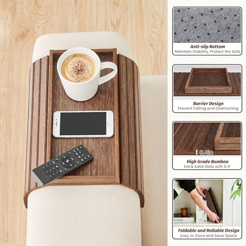 GEHE Bamboo Sofa Arm Tray, Foldable Couch Arm Tray Side Table, Anti-Falling Armrest Tables Cup Holder for Snacks, Drinks, Beers, Phone, Control, Flexible and Portable, Anti-Slip Bottom - color: Brown