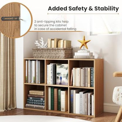 Giantex 6-Cube Bookcase, 3-Tier Cubby Bookshelf, Horizontal Vertical Display Rack with Anti-Tipping Kits, Modern Storage Organizer Shelf Unit for Bedroom, Living Room, Study Room, Natural | Horizontal Vertical Display Rack with Anti-Tipping Kits, Modern S