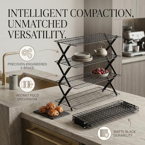 4-Tier Collapsible Cooling Rack for Baking | Adjustable Stackable Wire Rack for Cookies, Cakes & Roasting | Space-Saving Foldable Design for Small Kitchens & Camping (Black) - color: Black