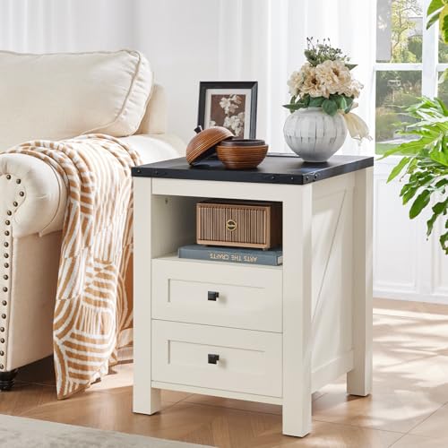 Joaxswe Night Stands with Charging Station Set of 2, Farmhouse Nightstand, White Wooden Bedside End Tables with 2 Drawers and Open Shelf, Bed Side Table for Bedroom, Living Room, Closet, Office - color: White, size: 2 pack