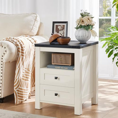 Joaxswe Night Stands with Charging Station Set of 2, Farmhouse Nightstand, White Wooden Bedside End Tables with 2 Drawers and Open Shelf, Bed Side Table for Bedroom, Living Room, Closet, Office - color: White, size: 2 pack