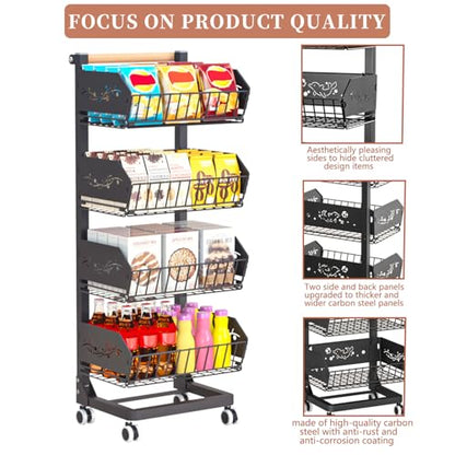4-Tier Kitchen Snack Cart with Wheels，Height-Adjustable，Upgraded Wider and Thicker, Multi-Purpose Rolling Storage Cart for for Kitchen, Dining Room, Bathroom, Laundry Room, Office - color: Black-adjustable