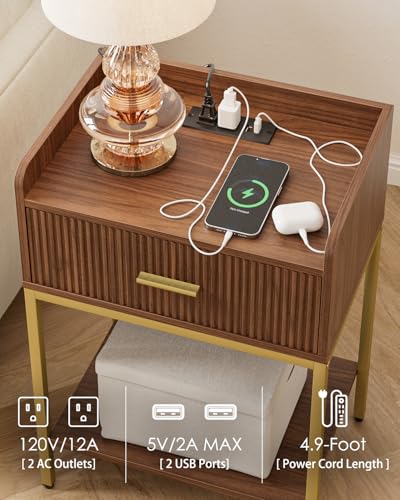 Nightstand with Charging Station, 3-Tier Bed Side Table, Small End Table, Night Stand with Open Shelf and Drawer, Bedside Table for Bedroom, Living Room, Walnut - color: Walnut, style: With Charging Station