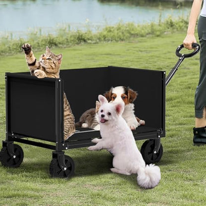 3 in 1 Wagons Carts Foldable with 360LBS Capacity, 120L Heavy Duty Collapsible Wagon, Utility Wagon Cart with Wheels for Grocery, Camping, Shopping, Beach, Garden Black