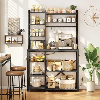 SNTD 6-Tier Bakers Rack with Power Outlets, 36 x 14.6 x 72 in, Rustic Grey | Large Capacity for Small Appliances, Stable Metal Frame with Wood Shelves, Pull-Out Basket, 14 Hooks - color: Rustic Grey