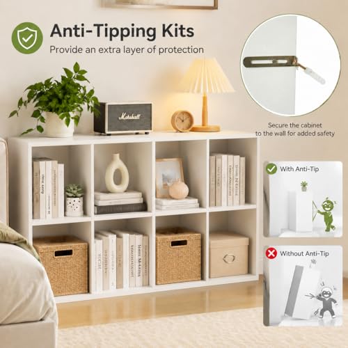 POWERSTONE 8 Cube Storage Organizer, Open Cube Bookshelf with Back Panels, Modern Display Cubby Bookcase for Bedroom Living Room Home Office, White