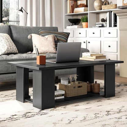 Tangkula 2-Tier Coffee Table, Modern Rectangular Center Cocktail Table with 5 Support Legs, Wooden Accent Living Room Furniture, Small Coffee Table for Small Spaces, Easy Assembly (Black) - color: Black