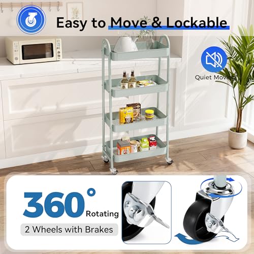 NEWBULIG 4-Tier Metal Rolling Cart with Lockable Wheels, Heavy Duty Mobile Utility Storage Shelf, Roller Book Snack Cart, Green - color: Green, size: 4 Shelves