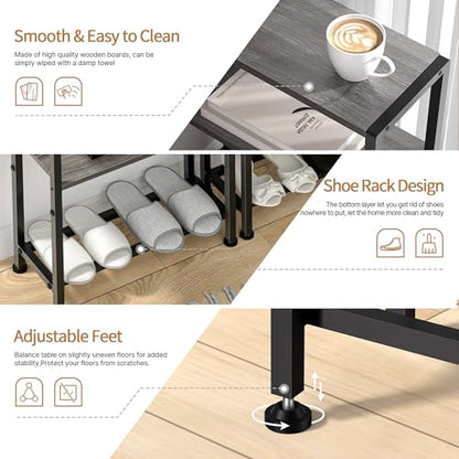 Narrow Side Table Set of 2 for Small Space, 2-Tier Small End Table with Shelf Holder, Slim Nightstand, Skinny Snack Couch Table in Living Room, Bedroom, Study, Kitchen and Balcony (Grey) - color: Grey