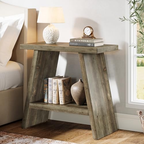 Solid Wood End Table for Living Room, Narrow Small Side Table with 2-Tier Storage, Farmhouse Bedside Nightstand for Bedroom, Small Places, Washed Brown (1PCS) - color: Washed Brown