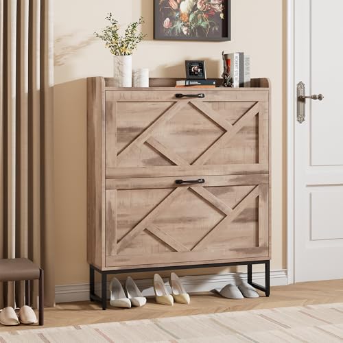 Nicetree Shoe Cabinet with 2 Flip Drawers，Freestanding Shoe Storage Cabinet, Narrow Shoe Organizer Cabinet, Farmhouse Slim Shoe Rack Cabinet for Entryway,Toasted Oak - color: Toasted Oak