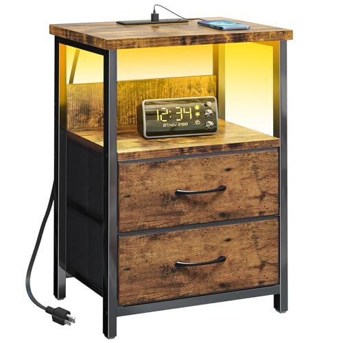 Fixwal Night Stand with Charging Station, LED Nightstand with U-S-B Ports and Outlets, 2 Fabric Storage Drawers with PU Finish, Bedside Table, Rustic Brown - color: Rustic Brown, size: 23.6"H (2 drawers), style: Power+Light (1pc)