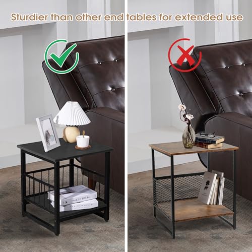 End Table, Industrial Side Table with 2-Tire Storage Shelf, 180LBS Mini Fridge Stand with Adjustable Feet, 18"x18" Wood Night Stand Small Bedside Table with Sturdy Metal Frame for Living Room Bedroom - color: Black 18inch
