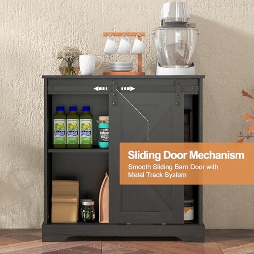 Panana Sliding Barn Door Buffet Sideboard Storage Cabinet Coffee Bar Kitchen Farmhouse Style (Black) - color: Black