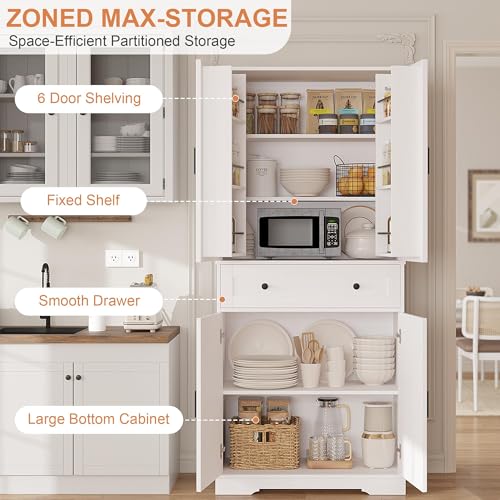 Garvee 71" Kitchen Pantry Cabinet, Barn Door Freestanding Cupboard with Drawer, Sliding Storage Rack, and 6 Hanging Shelves for Kitchen, Dining Room, Living Room Bedroom - color: White