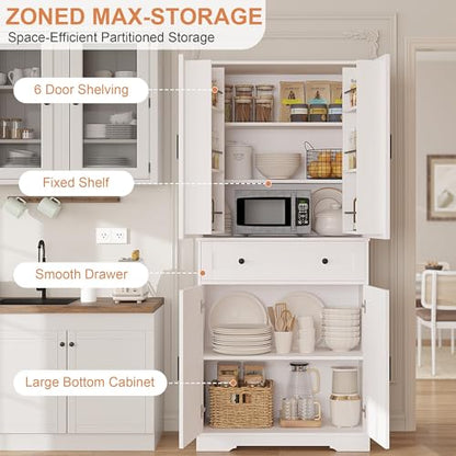 Garvee 71" Kitchen Pantry Cabinet, Barn Door Freestanding Cupboard with Drawer, Sliding Storage Rack, and 6 Hanging Shelves for Kitchen, Dining Room, Living Room Bedroom - color: White