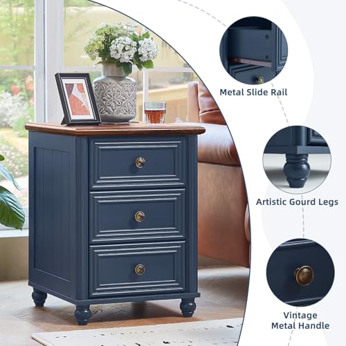 RWYHG 18" Night Stand with Charger Station, Nightstand with 3 Drawers | Farmhouse Modern Bedside Table, Metal Handle, Roman Column Legs, Blue Bed Side End Tables for Bedroom Living Room - color: Navy Blue, size: 18"D x 18"W x 24"H (3 Drawers)