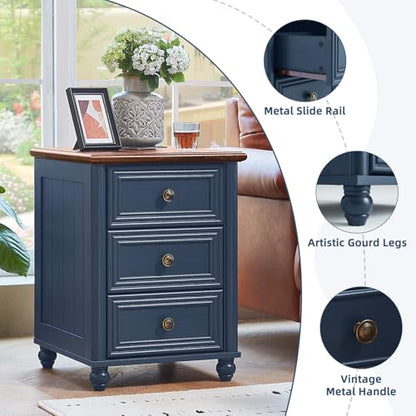 RWYHG 18" Night Stand with Charger Station, Nightstand with 3 Drawers | Farmhouse Modern Bedside Table, Metal Handle, Roman Column Legs, Blue Bed Side End Tables for Bedroom Living Room - color: Navy Blue, size: 18"D x 18"W x 24"H (3 Drawers)