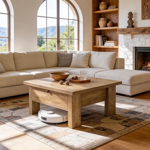 Tribesigns 31.5" Coffee Table, Farmhouse Coffee Table with Storage Drawer, Square Center Table for Living Room & Small Spaces, Brown