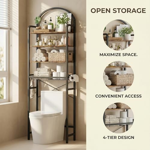 76" H Over the Toilet Storage Rack, 4-Tier Bathroom Organizer with Toilet Paper Holder & Hooks, Metal Frame with Wooden Shelves, Space Saver for Small Bathroom, Rustic Brown and Black - size: 4-tier