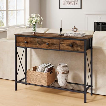 FAVOOSTY Entryway Table, 39.8" Console Table with 3 Fabric Drawers Narrow Console Table with 2-Tier Storage Shelves,Display Shelf for Living Room, Hallway, Entrance, Foyer, Office Rustic Brown