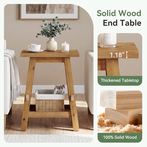 Solid Wood Square Side Table, 2 -Tier Farmhouse End Table, Nightstands with Shelf Storage for Living Room, Bedroom, Office and Small Spaces, Rustic Brown