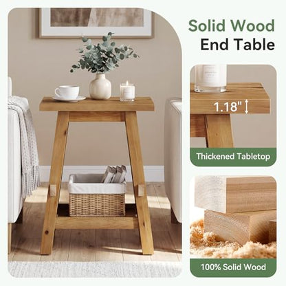 Solid Wood Square Side Table, 2 -Tier Farmhouse End Table, Nightstands with Shelf Storage for Living Room, Bedroom, Office and Small Spaces, Rustic Brown