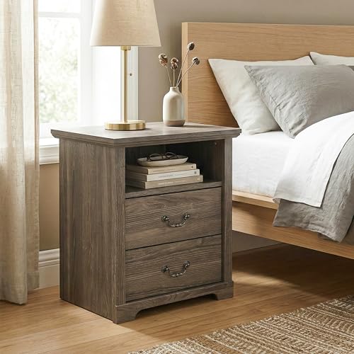 24/7 Shop at Home Elrik Modern 22-inch Wood Nightstand with Open Shelf, 2 Drawers and Ornate Handles, Wooden Night Stand for Bedroom, Apartment, Small Bedside Table, Dark Grey - color: Dark Grey