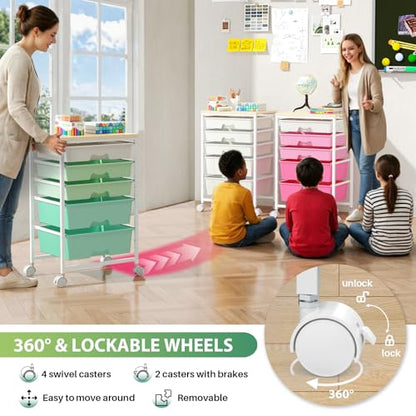 Goovilla Rolling Cart with Drawers, Utility Cart Organizer With 5 Removable Drawers and Wooden Tabletop, Lockable Rolling Storage Organizer for Art, Classroom, Home, Dorm, Office, Craft Storage, Green - size: Green