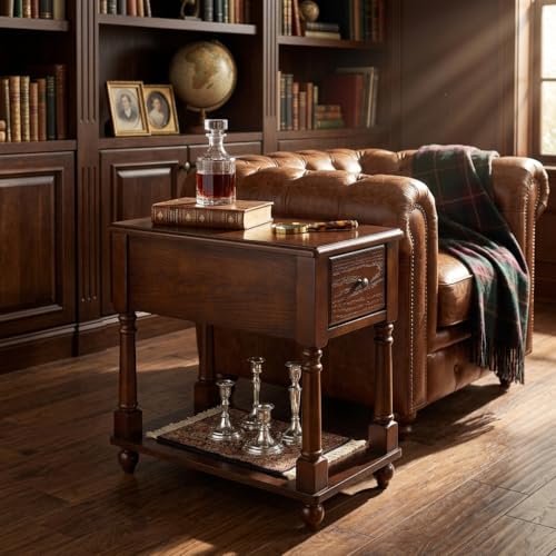 Narrow End Table with Drawer and Storage Shelf, Solid Wood Sofa Side Tables for Living Room, Slim Beside Table-, Vintage Telephone Tabless for Small Spaces, No-Tools Assembly Vintage Walnut BBJ004DWA - color: Vintage Walnut