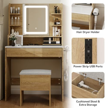 YOURLITE 31.5" Fluted Makeup Vanity Desk with LED Mirror and Stool | Small Vanity Table Set, 3 Lighting Modes, Charging Station, Hairdryer Holder, Cushioned Stool - size: 31.5", style: Wooden