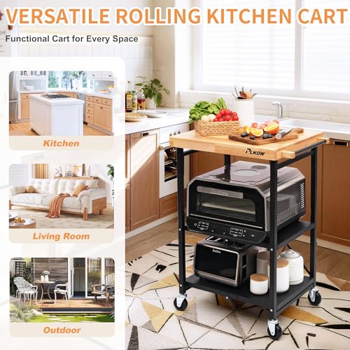 PLKOW Foldable Kitchen Cart with Solild Oak Wood Top, Rolling Kitchen Island on Wheels, 3-Tier Storage Utility Cart for Microwave, Toaster Oven, Small Spaces - color: Black