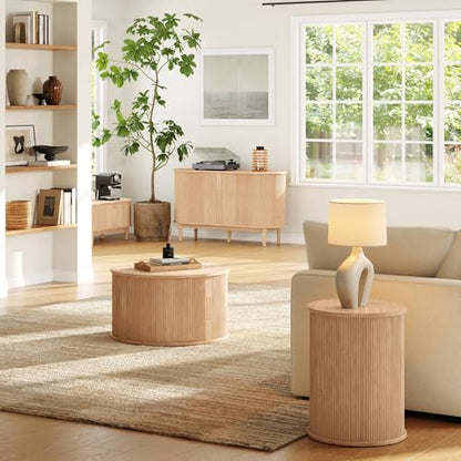 LINSY HOME Round Fluted End Table, Tall Side Table with Sliding Tambour Door and Storage Shelf, Modern Bedside Table, Mid-Century Nightstand for Living Room, Bedroom, Oak - color: Oak