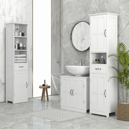 kleankin Pedestal Sink Storage Cabinet, Under Sink Cabinet with 2 Doors and Adjustable Shelf, Bathroom Vanity with U-Shape Cut-Out, White - color: White