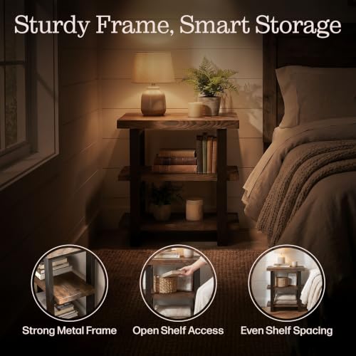 Alaterre Furniture Pomona Solid Wood 3-Tier End Table, Rustic Brown, 20” | Small Side Table or Nightstand with Storage Shelf and Metal Legs, Rustic Farmhouse Chair Side Table for Living Room & Bedroom - color: Rustic Brown