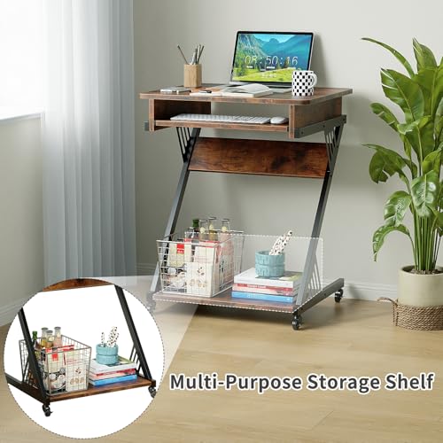 ALISENED Computer Desk for Small Spaces, 23.6" Z-Shaped Compact Study Table with Smooth Keyboard Tray with Wheels and Bottom Shelves for Home Office, Computer Cart Mobile Laptop Cart, Rustic Brown - color: Brown