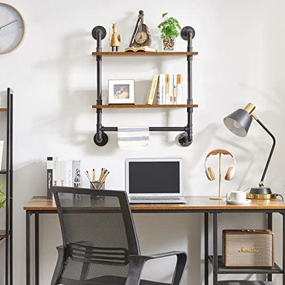 IBUYKE 2-Tiers Industrial Pipe Shelves with Towel Bar RF-TM014 | Rustic Wall Mount Bookcase,Metal Bracket Storage Wall Shelf for Bedroom, Kitchen - size: 2 Tier with Tower Bar