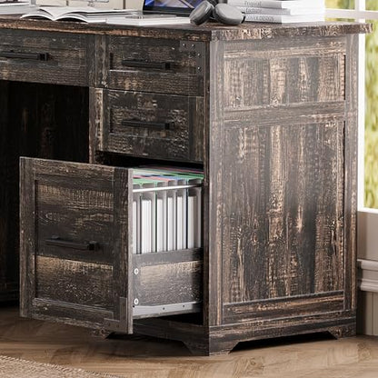 55" Farmhouse Executive Desk with Charging Station & Power Outlet, Home Office Computer Desk with 5 Drawers and Storage Cabinet, Rustic Wood Writing Study Table with File Drawer (Rustic Gray-05) - color: Rustic Gray-05