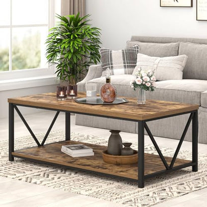 EXCEFUR Modern Coffee Table, Rustic Wood and Metal Living Room Table with Storage Shelf, Industrial Rectangle Center Table, 47 Inch Brown - color: Rustic Brown, size: 47 inch