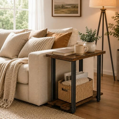 Transitional Narrow End Table, Rustic Brown | 2-Tier, Storage Shelves, Modern Farmhouse Industrial Nightstand, For Living Room, Bedroom, Small Spaces, Couch - color: Rustic Brown