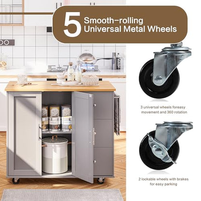 SUNLEI Kitchen Island on Wheels with Storage Cabinet & Foldable Drop Leaf, Rolling Kitchen Table, Cart Handle for Towel Rack, Drop Leaf, Portable Islands for Kitchen (Cement Gray, 39.7-INCH) - size: 39.7 INCH, style: Grey