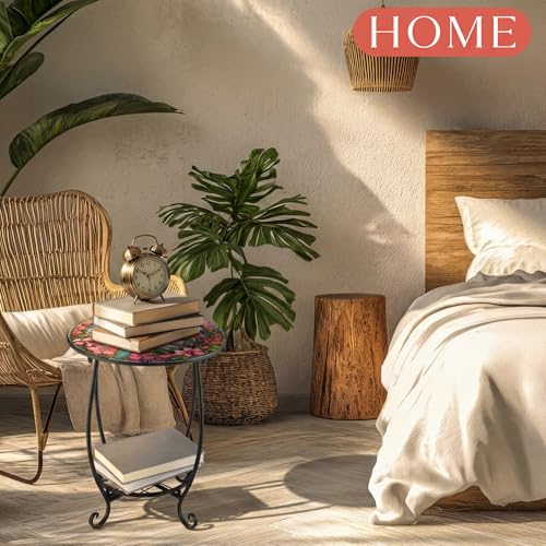 Cinnvoice Outdoor Side Table Round Small Mosaic Patio Accent Indoor End Plant Coffee Tea Table for Yard Patio Porch Garden Living Room, Bedroom(Hummingbird Style,16 Inch) - size: 16 Inch, style: Hummingbird Style