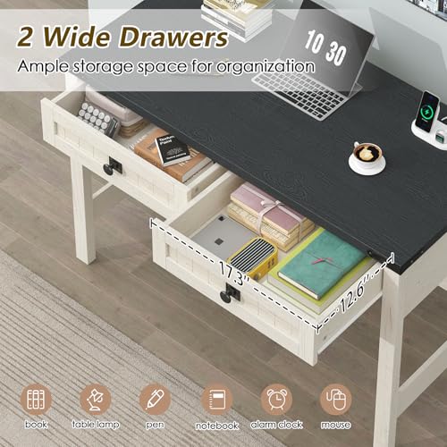 YOMILUVE Farmhouse Computer Desk with 2 Drawers, 39 Inch Small Office Computer Desk with Power Outlets, Compact Writing Study Vanity Desk for Small Spaces, Black and White - color: Black and White