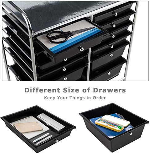 Moccha 12-Drawer Rolling Storage Cart - Utility Cart on Wheels with Lockable Casters for Craft Art Supply Paper Salon, Mobile Drawer Carts for Classroom Teacher School Office - color: Black, style: 12 Drawers