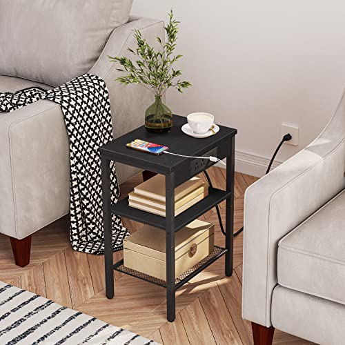 HOOBRO Side Tables Set of 2 with Charging Station and USB Port, Small End Tables for Small Space, 3-Tier Nightstands with Adjustable Shelf, for Living Room, Bedroom, Black BB112BZP201 - color: Black