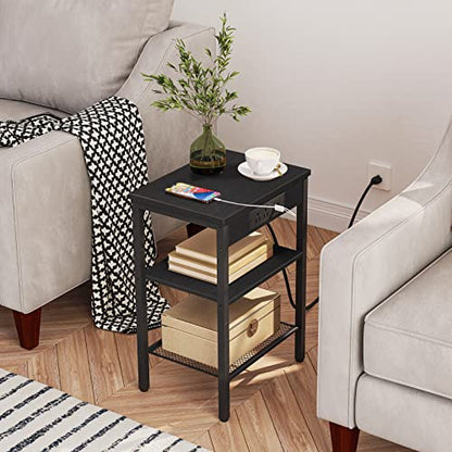 HOOBRO Side Tables Set of 2 with Charging Station and USB Port, Small End Tables for Small Space, 3-Tier Nightstands with Adjustable Shelf, for Living Room, Bedroom, Black BB112BZP201 - color: Black