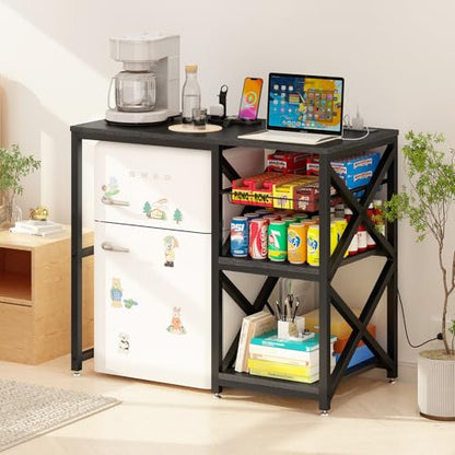 METYERRY Kitchen Bakers Rack with Power Outlet,Mini Fridge Cabinet with Mesh Basket, Mini Fridge and Microwave Table with Storage for Office,Kitchen,Living Room,Coffee Bar,Patio, Black - color: Black
