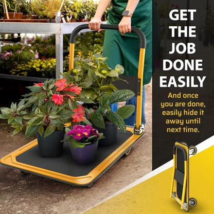 Heavy Duty Foldable Push Cart Dolly | 660 lbs. Capacity | Upgraded Collapsible Hand Truck Folding Platform with Swivel Wheels | Flat Bed Moving Wagon | Space Saving Push Handle (Yellow) - color: Yellow, 660 Lbs. Capacity