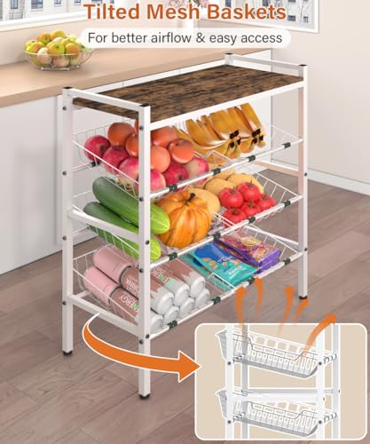 4-Tier Fruit and Vegetable Storage Rack with Wood Top & 6 Removable Baskets, Small Kitchen Island, Pantry Floor Organizer Stand Shelves for Onion Potato Snack Storage, White - style: 6 Baskets-White
